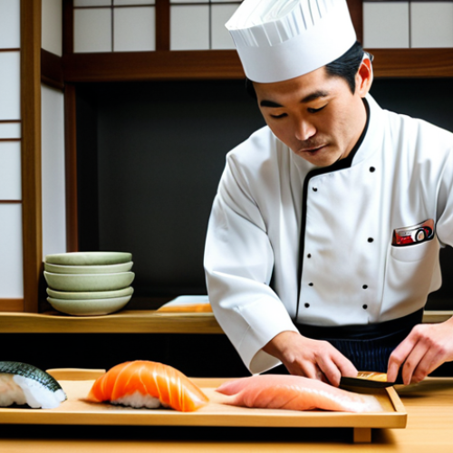 Home 14 A highly skilled professional Japanese sushi chef, wearing a traditional, clean chef's uniform (white *samue* or *happi* coat), fully clothed, appropriate attire, professional dress. The chef stands behind a pristine, natural wooden sushi counter in a meticulously clean, modern, and elegant Japanese restaurant kitchen with soft, natural lighting. Their well-formed hands are in the process of expertly forming a piece of nigiri sushi, carefully molding the perfectly seasoned rice with a delicate touch, preparing to place a slice of fresh, vibrant tuna. Perfect anatomy, correct proportions, natural pose, well-formed hands, proper finger count, natural body proportions, professional photography, high resolution, detailed, safe for work, appropriate content, modest, family-friendly.