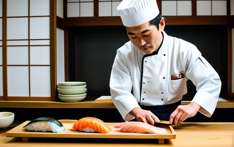 A highly skilled professional Japanese sushi chef, wearing a traditional, clean chef's uniform (white *samue* or *happi* coat), fully clothed, appropriate attire, professional dress. The chef stands behind a pristine, natural wooden sushi counter in a meticulously clean, modern, and elegant Japanese restaurant kitchen with soft, natural lighting. Their well-formed hands are in the process of expertly forming a piece of nigiri sushi, carefully molding the perfectly seasoned rice with a delicate touch, preparing to place a slice of fresh, vibrant tuna. Perfect anatomy, correct proportions, natural pose, well-formed hands, proper finger count, natural body proportions, professional photography, high resolution, detailed, safe for work, appropriate content, modest, family-friendly.