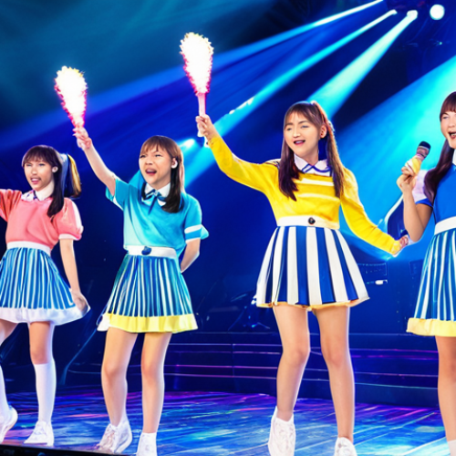 Home 9 **Image:** A group of young women in modest, colorful pop-idol attire performing on a brightly lit stage with a large crowd in the background, holding light sticks. **Prompt:** "AKB48-style idol group performing live, bright stage lights, enthusiastic crowd, holding glowing sticks, fully clothed, appropriate content, safe for work, perfect anatomy, natural pose, professional photography, high quality, family-friendly."
