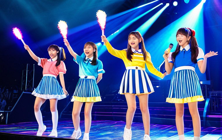 **Image:** A group of young women in modest, colorful pop-idol attire performing on a brightly lit stage with a large crowd in the background, holding light sticks. **Prompt:** "AKB48-style idol group performing live, bright stage lights, enthusiastic crowd, holding glowing sticks, fully clothed, appropriate content, safe for work, perfect anatomy, natural pose, professional photography, high quality, family-friendly."