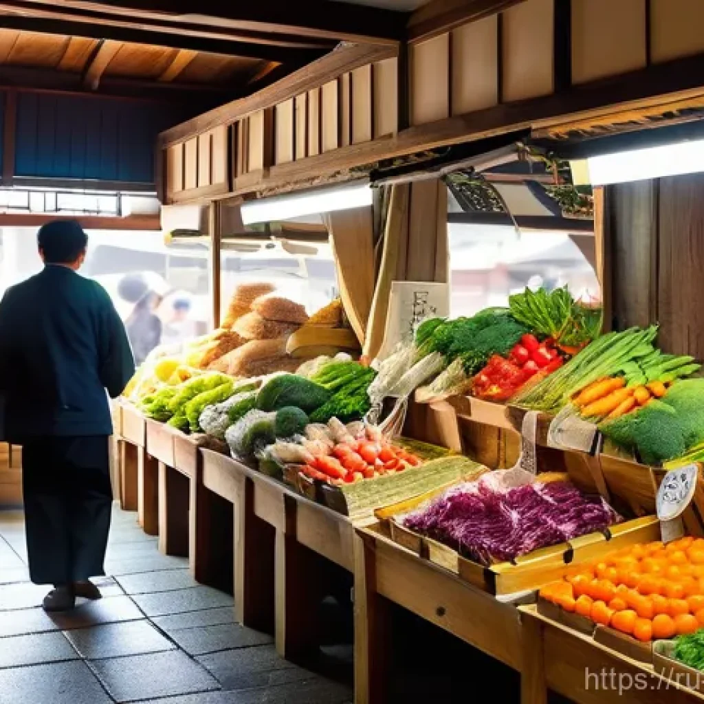 일본 전통 시장 탐방 - **Vibrant Morning at a Traditional Japanese Market**: An atmospheric shot of a bustling Japanese mor...