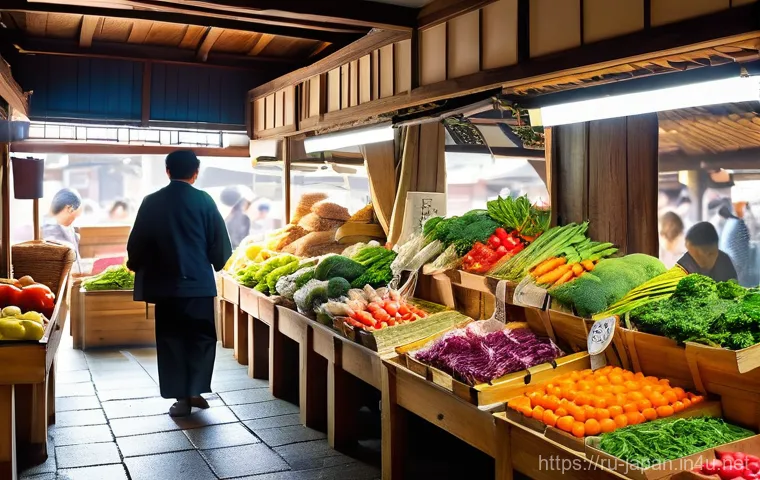 일본 전통 시장 탐방 - **Vibrant Morning at a Traditional Japanese Market**: An atmospheric shot of a bustling Japanese mor...