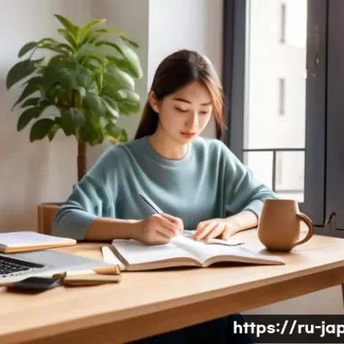 일본어 JLPT 시험 준비법 - A focused young Russian adult studying Japanese at a cozy home desk in a modern apartment, natural m...