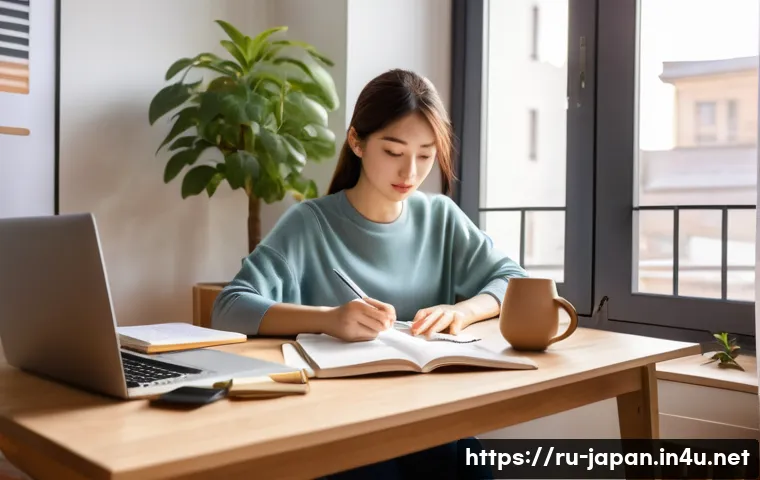 일본어 JLPT 시험 준비법 - A focused young Russian adult studying Japanese at a cozy home desk in a modern apartment, natural m...