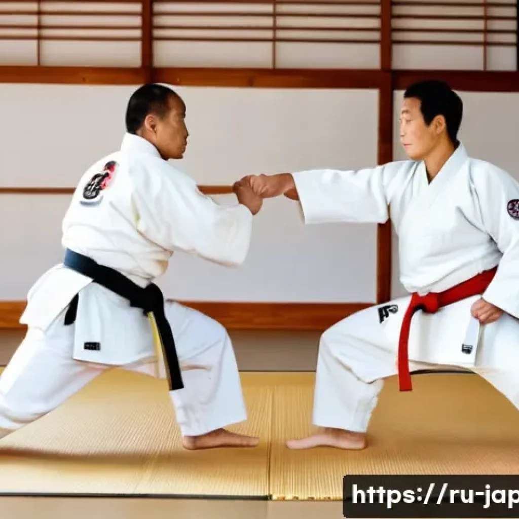일본 전통 무술 유도 - A detailed scene of two adult judo practitioners engaged in a dynamic sparring match on a traditiona...