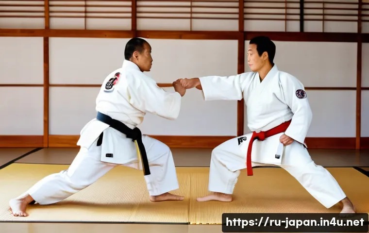 일본 전통 무술 유도 - A detailed scene of two adult judo practitioners engaged in a dynamic sparring match on a traditiona...