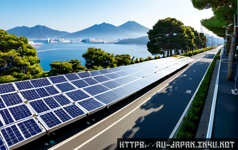 Home 17 일본에서의 환경보호 정책 - Photorealistic wide-angle view of a modern Japanese coastal city at sunrise, orderly rows of solar p...