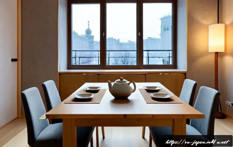 Home 17 일본과 서양 문화의 융합 사례 - Photorealistic Moscow apartment dining room blending Japanese minimalism with European design, low o...