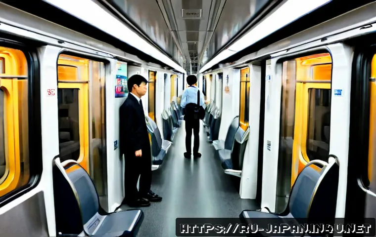 Home 17 일본의 지하철 예절 - Photorealistic Tokyo subway interior during a calm morning commute, passengers quietly standing in a...