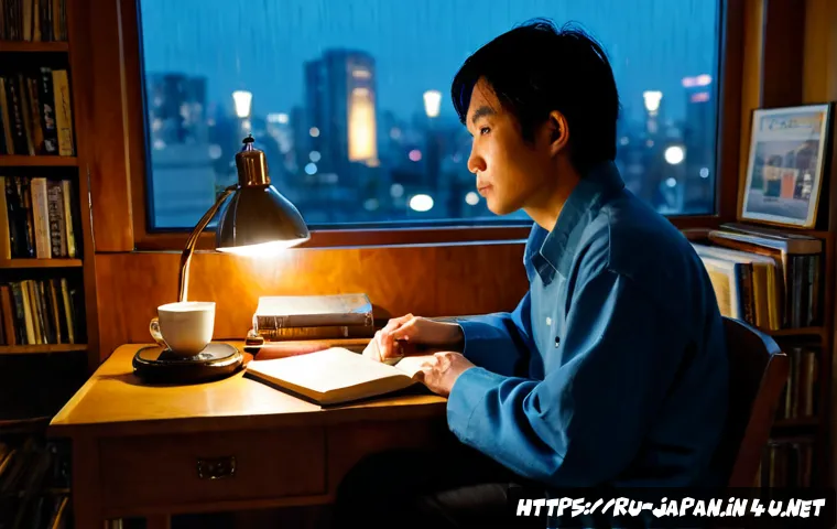 Home 17 일본 소설가 무라카미 하루키 - Photorealistic editorial portrait of a thoughtful Japanese novelist in a quiet Tokyo study, seated b...